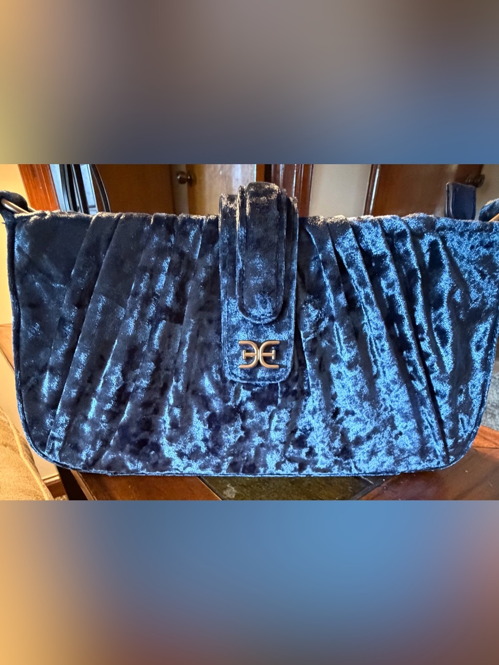 EUC Sam Edelman Navy Velvet Shoulder Bag with Gold Accent